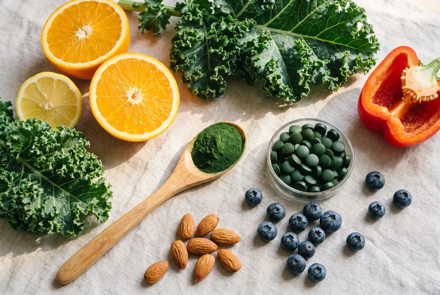 Flat-lay of oranges, lemon, kale, red pepper, blueberries, almonds, a wooden spoon of chlorella powder and a dish of chlorella tablets on linen