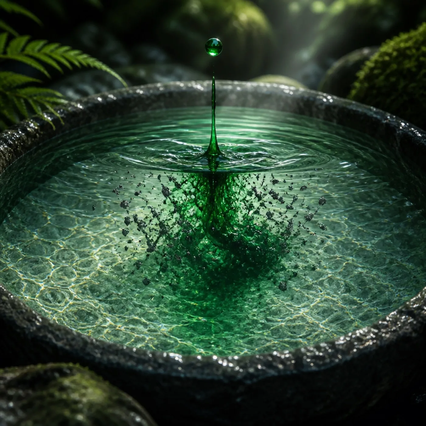 A green drop over water