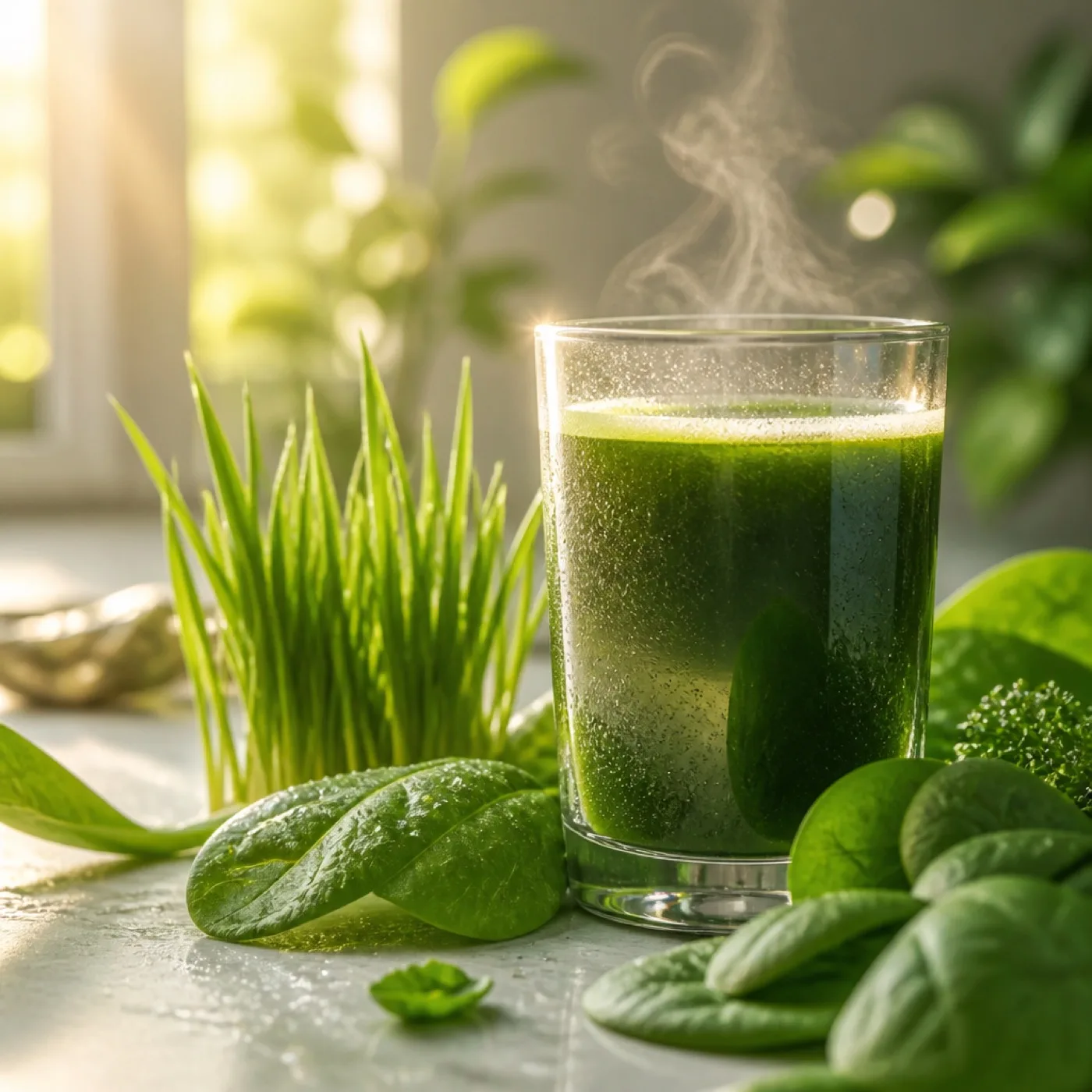 Fresh spinach leaves and a glass of green juice in morning light