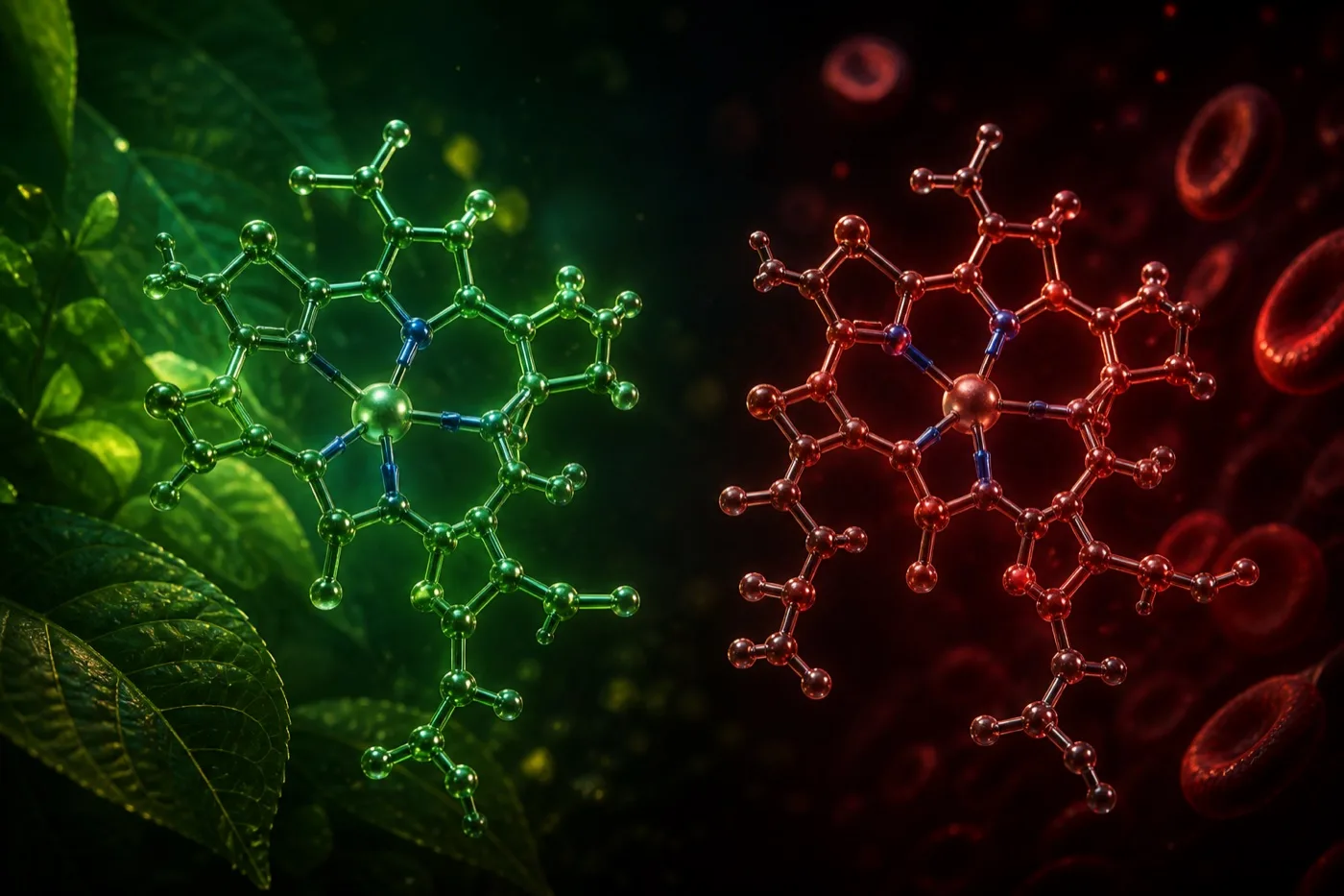 Conceptual comparison of chlorophyll and the haem group; structural resemblance does not establish a blood benefit.