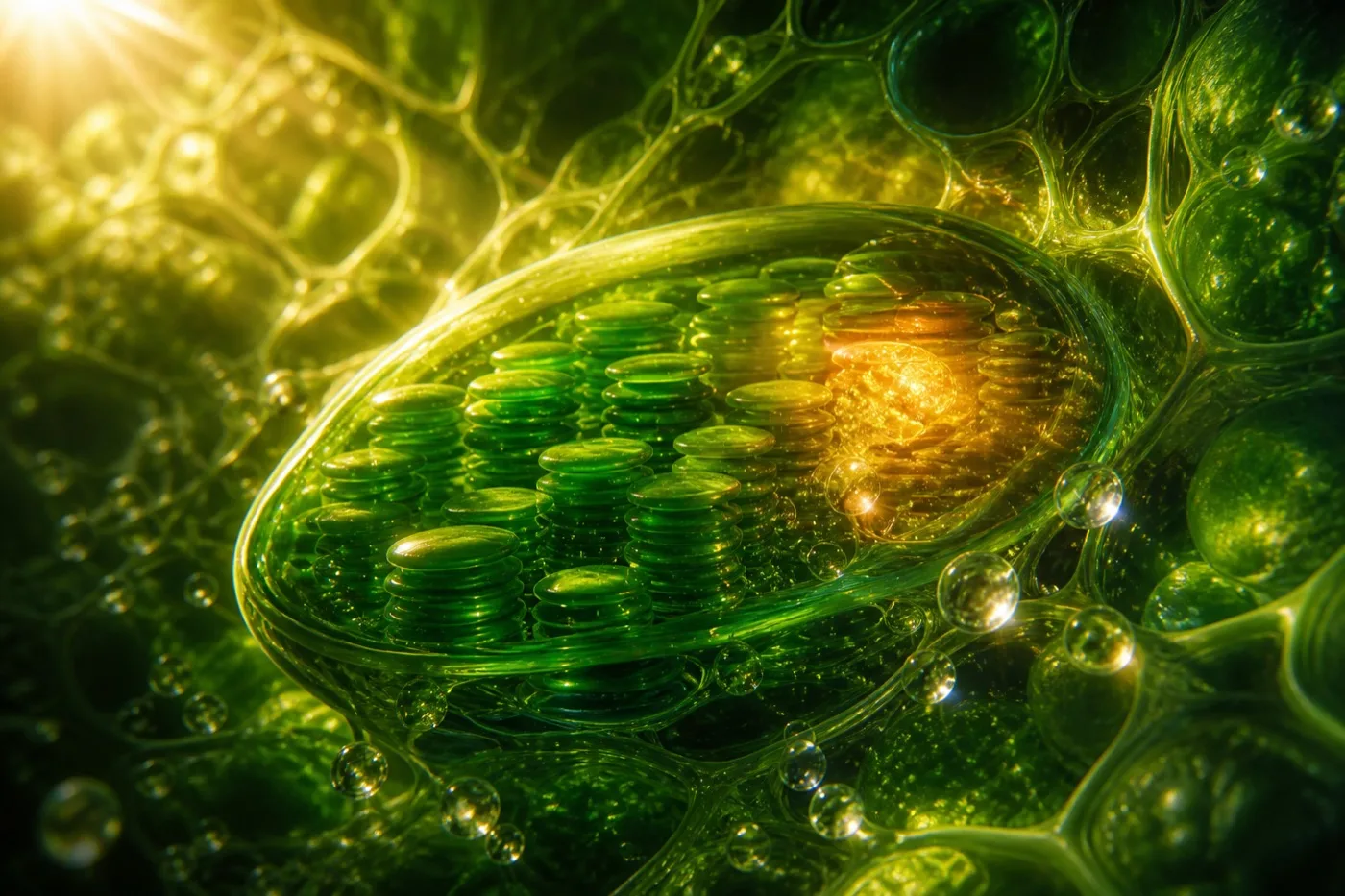 Close-up of a chloroplast inside a plant cell, with golden light entering from one side