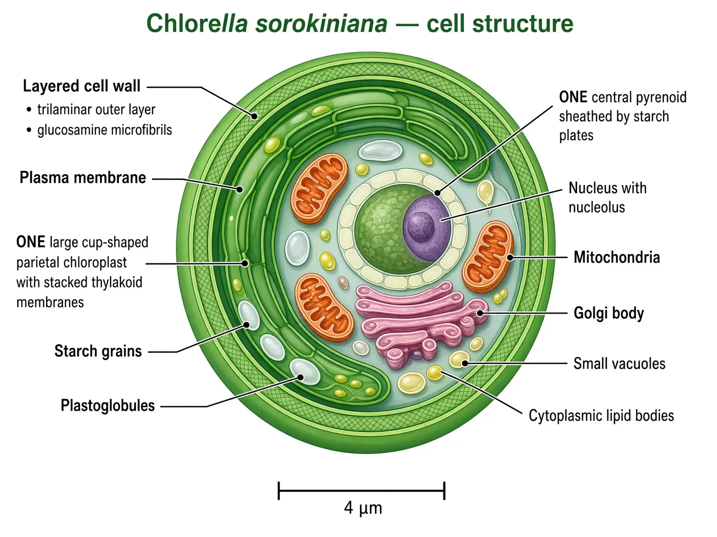 Labelled cross-section of a Chlorella Sorokiniana cell: layered cell wall, plasma membrane, one large cup-shaped parietal chloroplast with stacked thylakoid membranes, central pyrenoid sheathed by starch plates, nucleus with nucleolus, mitochondria, Golgi body, small vacuoles, plastoglobules and cytoplasmic lipid bodies; scale bar 4 micrometres