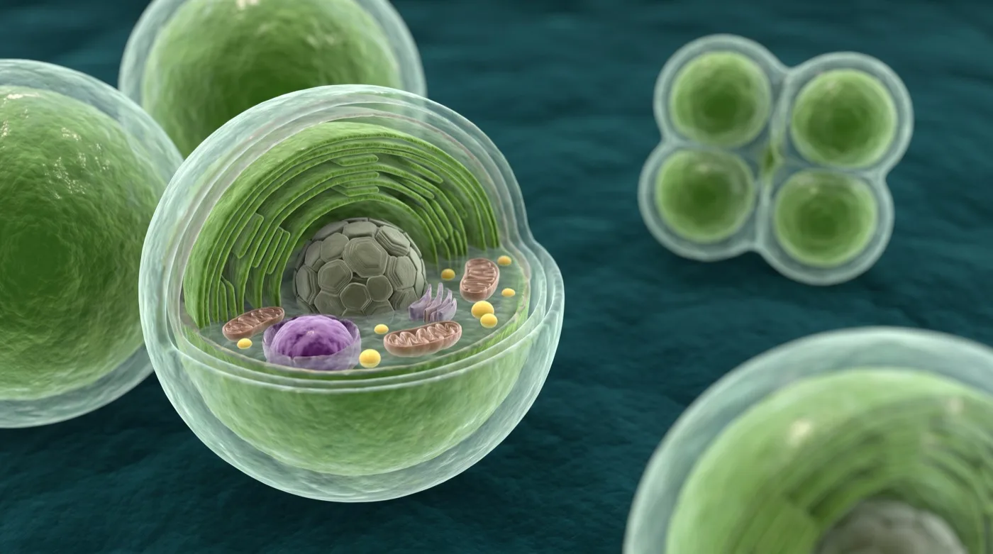 Rendered cutaway of a Chlorella Sorokiniana cell next to a mother cell dividing into four daughter cells