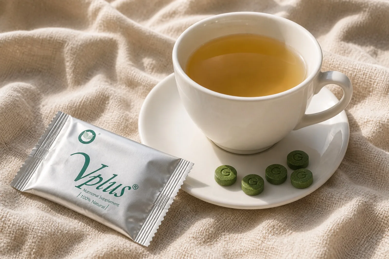 A single white teacup of pale tea beside a small saucer holding five green tablets and one folded sachet, on cream linen
