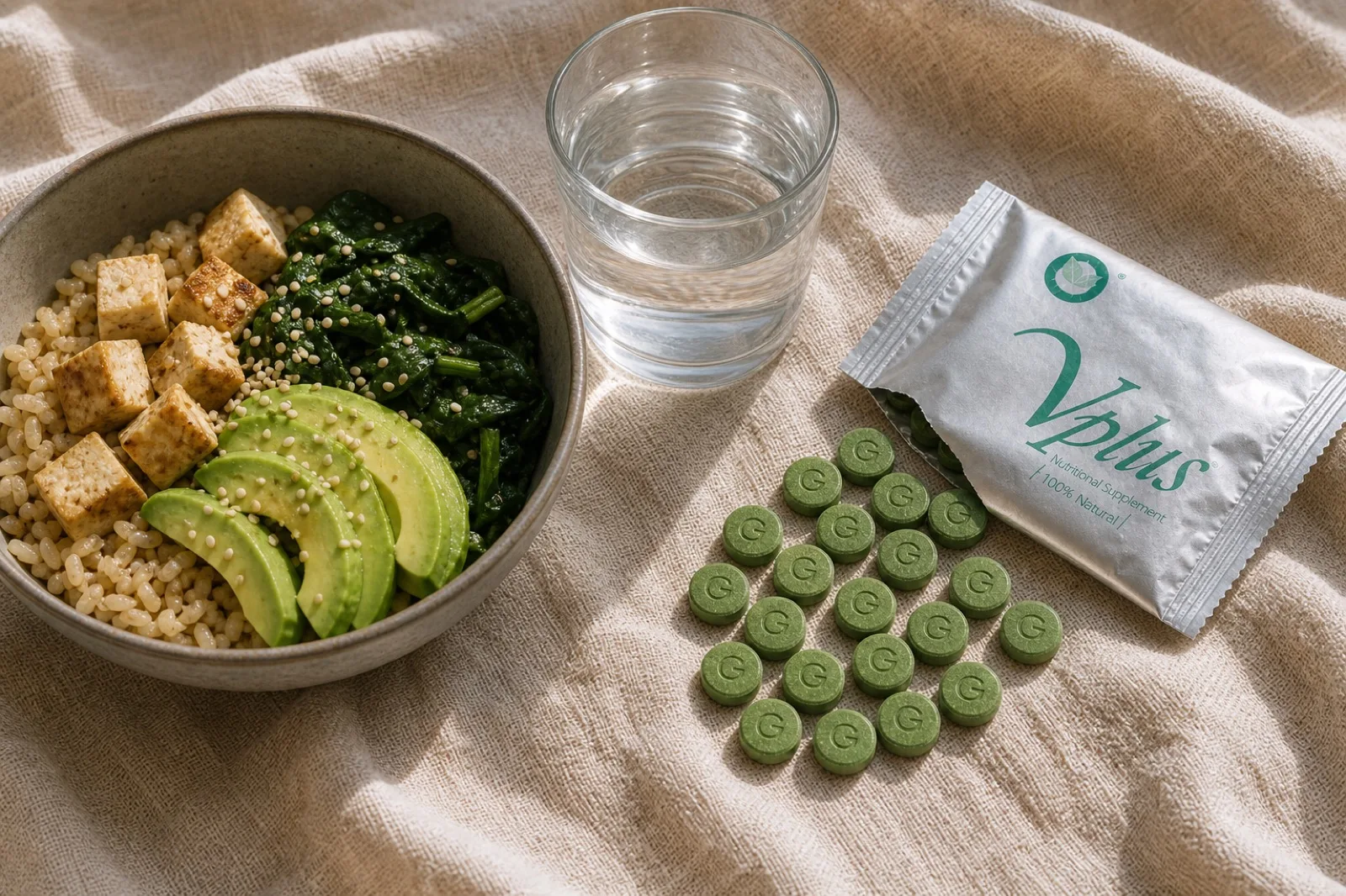 A vegetarian bowl of rice, tofu, spinach and avocado beside a glass of water and an open Vplus sachet of green tablets