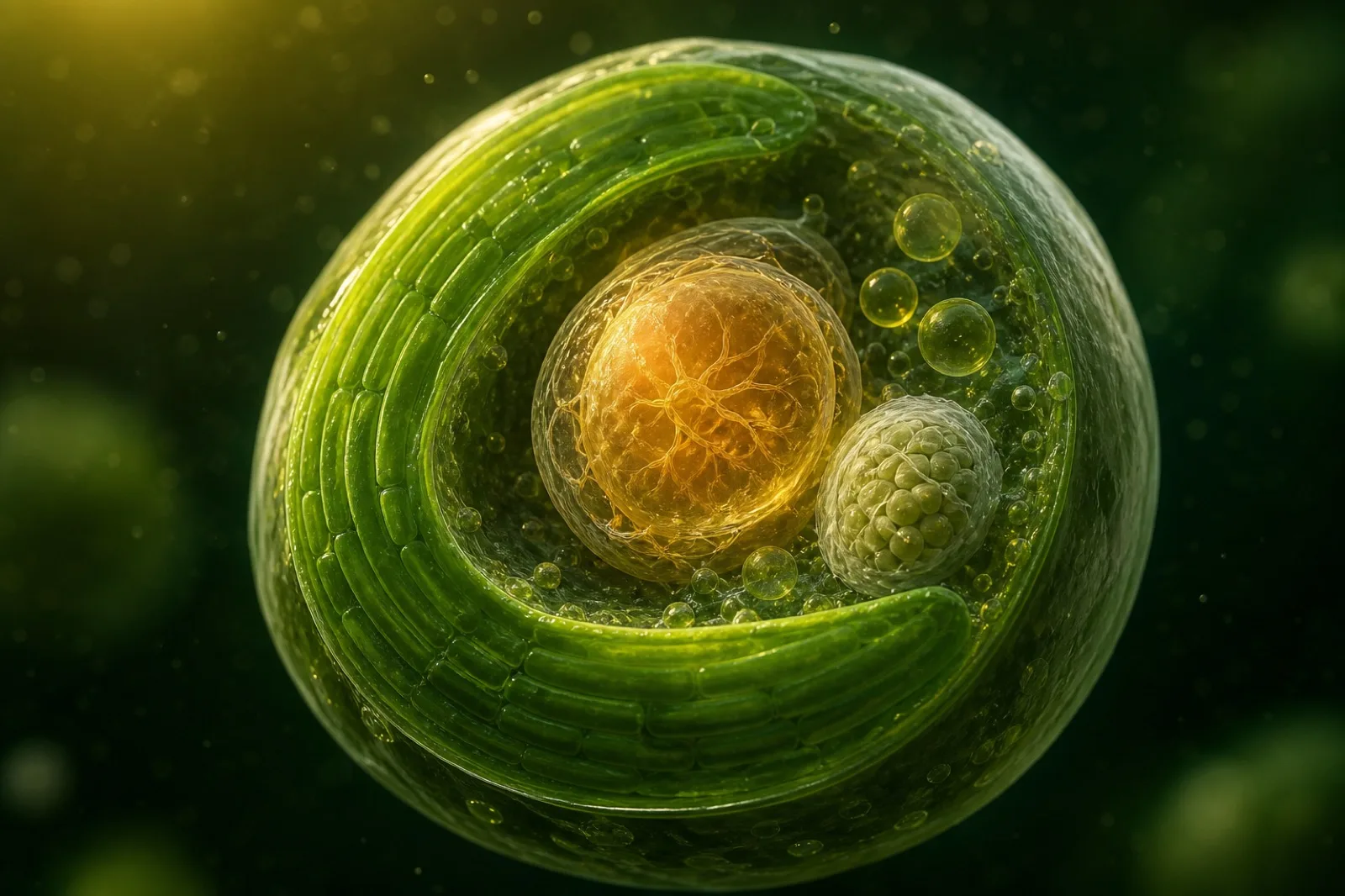 Cutaway of a chlorella cell with the chloroplast wrapped around a glowing nucleus