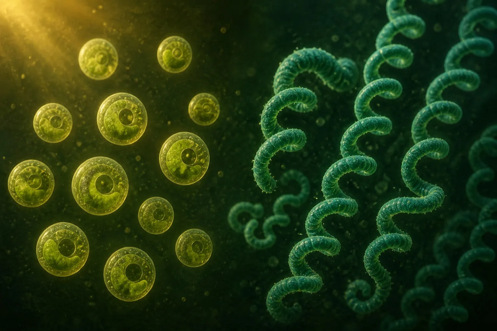 Round green chlorella cells on the left beside long spiral spirulina filaments on the right