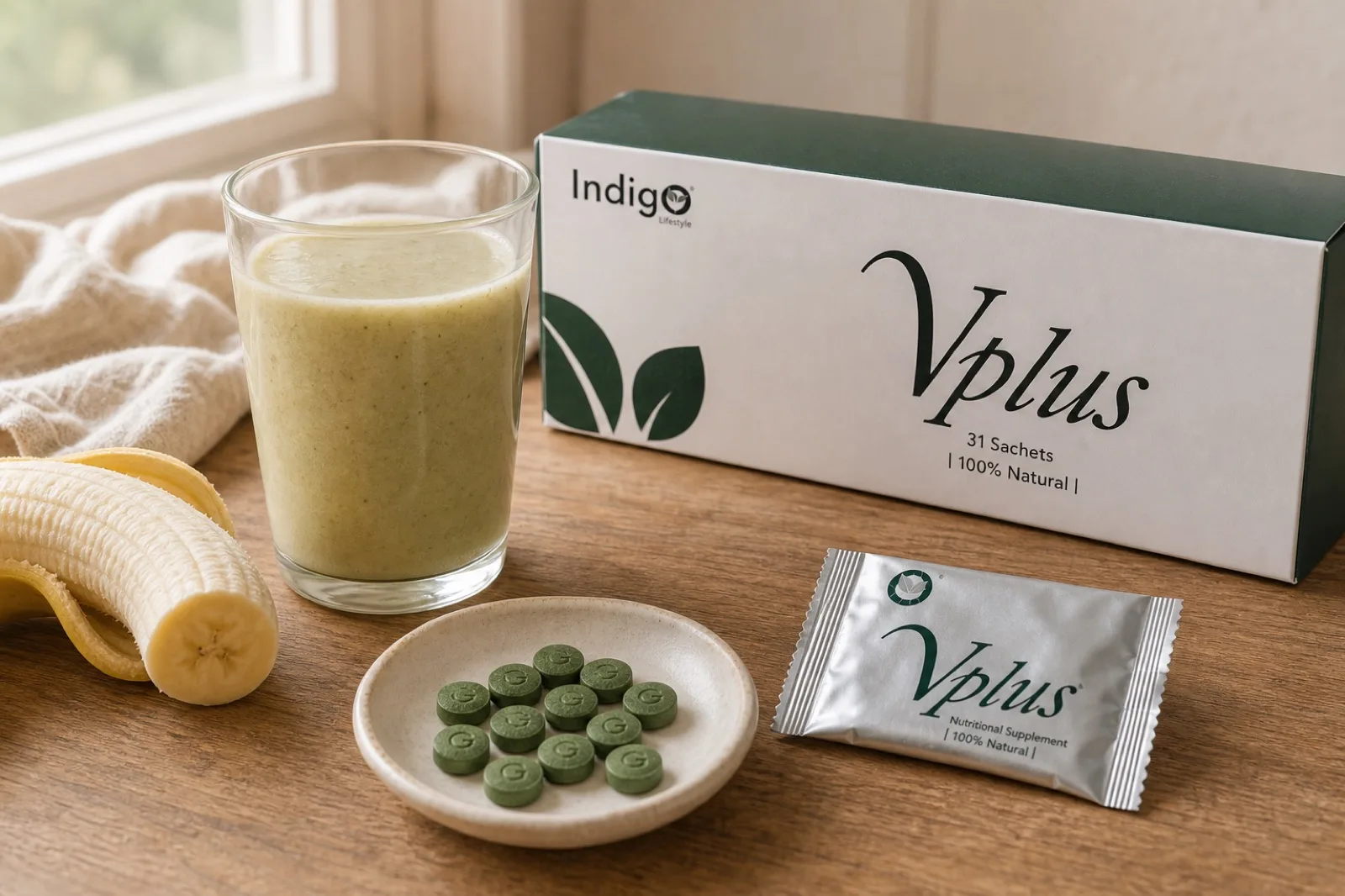 A glass of pale banana smoothie with a faint green tint on a wooden counter, half a peeled banana and a small dish of green tablets beside it
