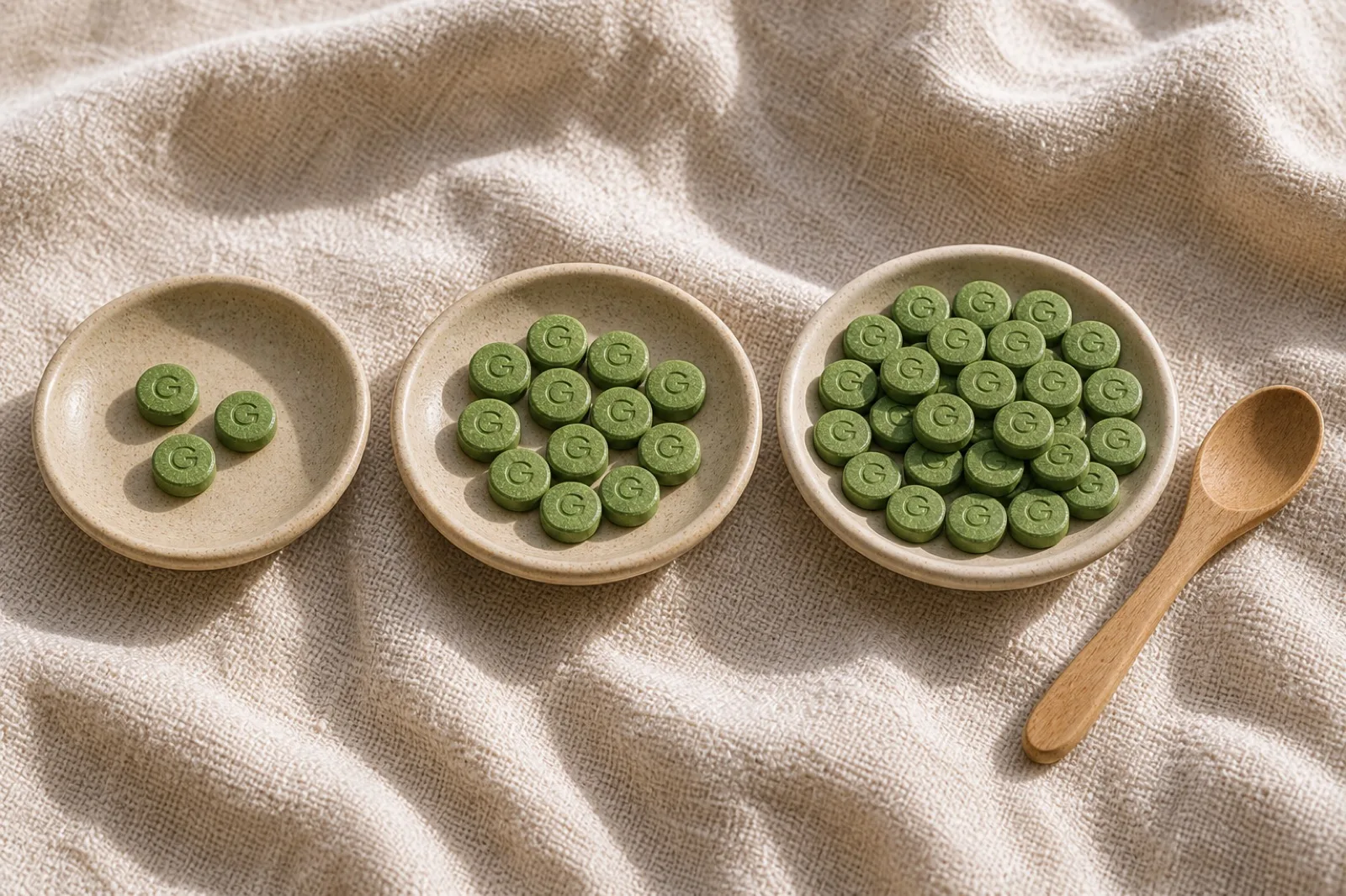 Three small dishes on linen holding three, ten and twenty green Vplus tablets
