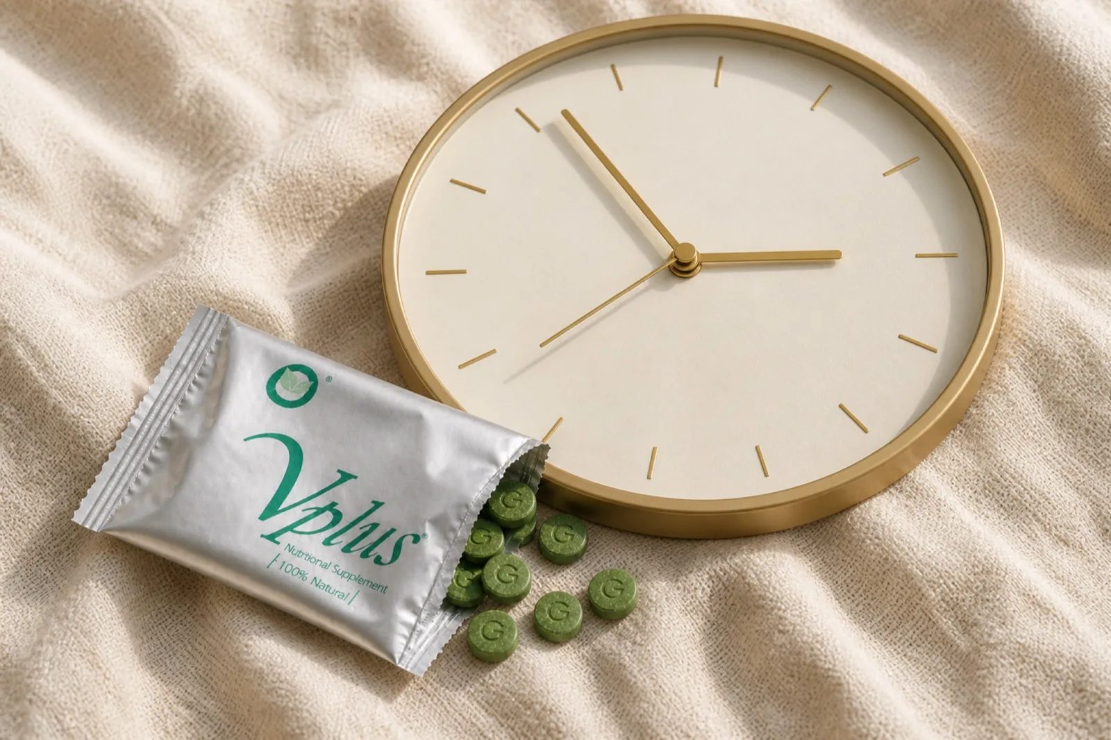 A silver Vplus sachet rests beside a simple clock face on a quiet tabletop.