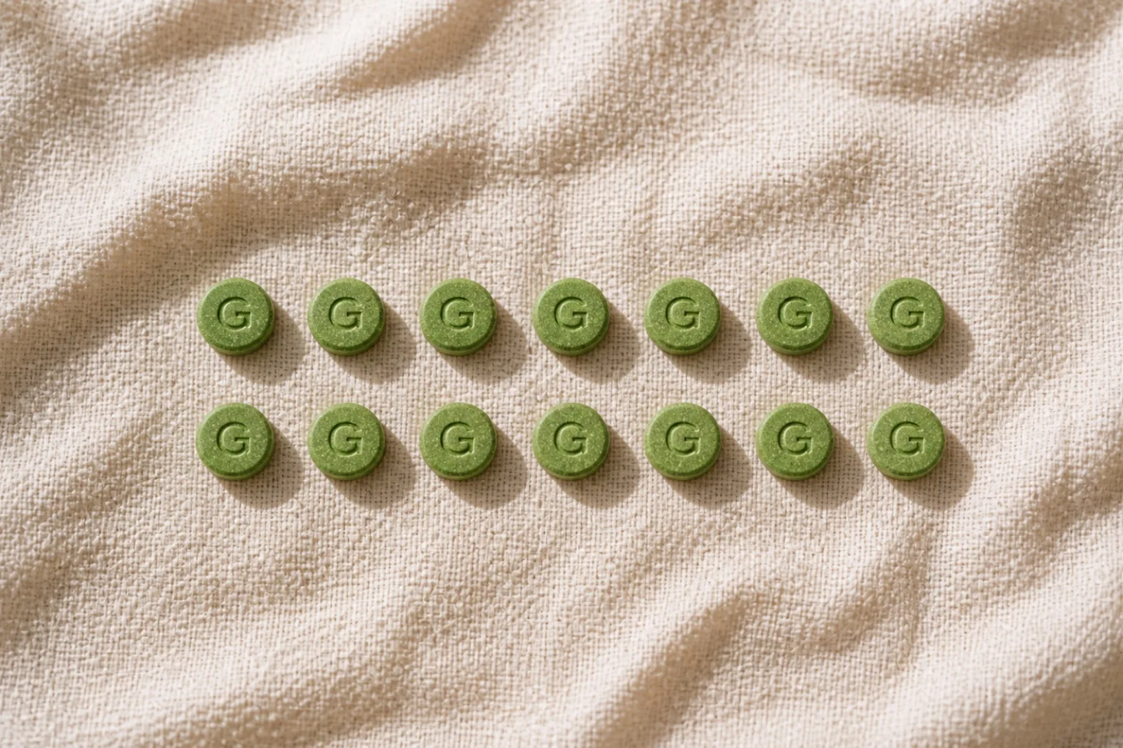Fourteen green Vplus tablets laid out in two rows of seven on linen, like a calendar