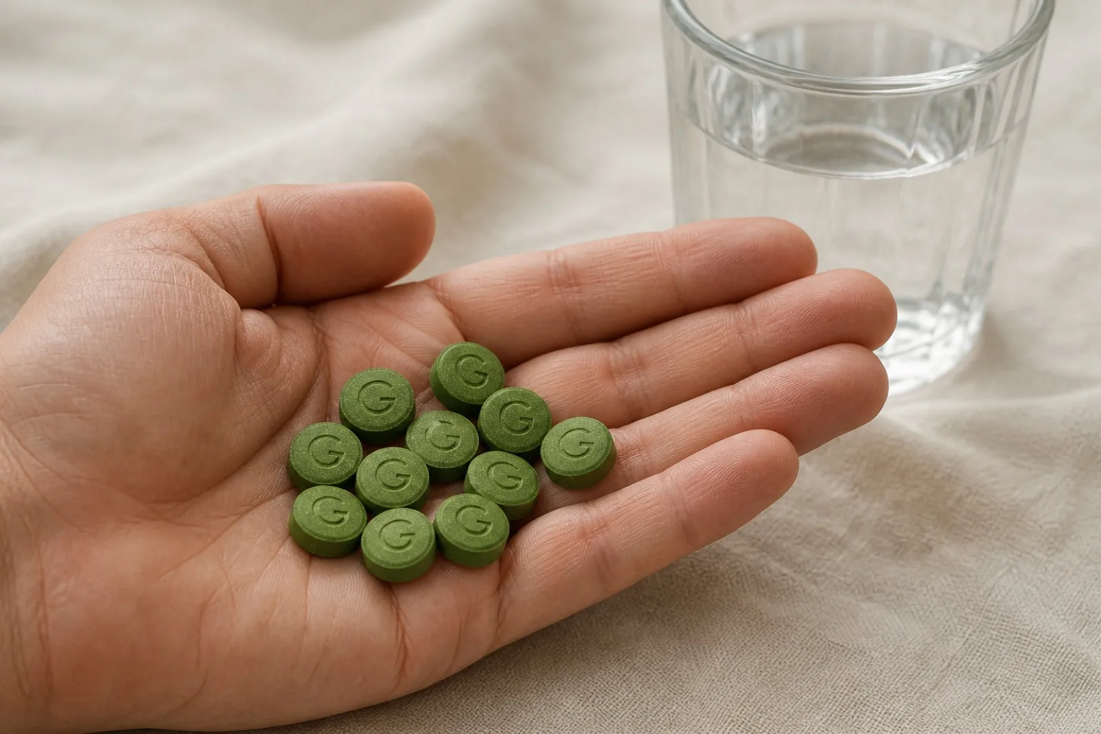 An open palm holding about ten small green Vplus tablets, with a glass of water behind