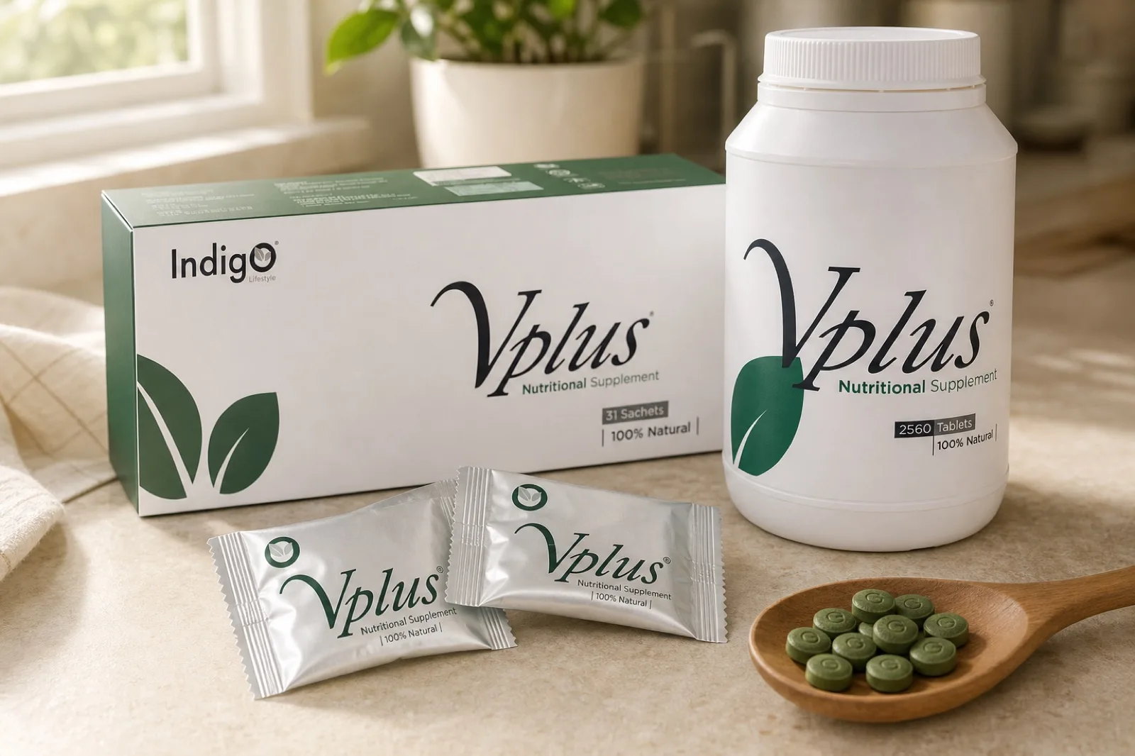 The Vplus monthly carton standing beside a larger plain family tub on a kitchen counter, sachets fanned in front and tablets on a wooden spoon