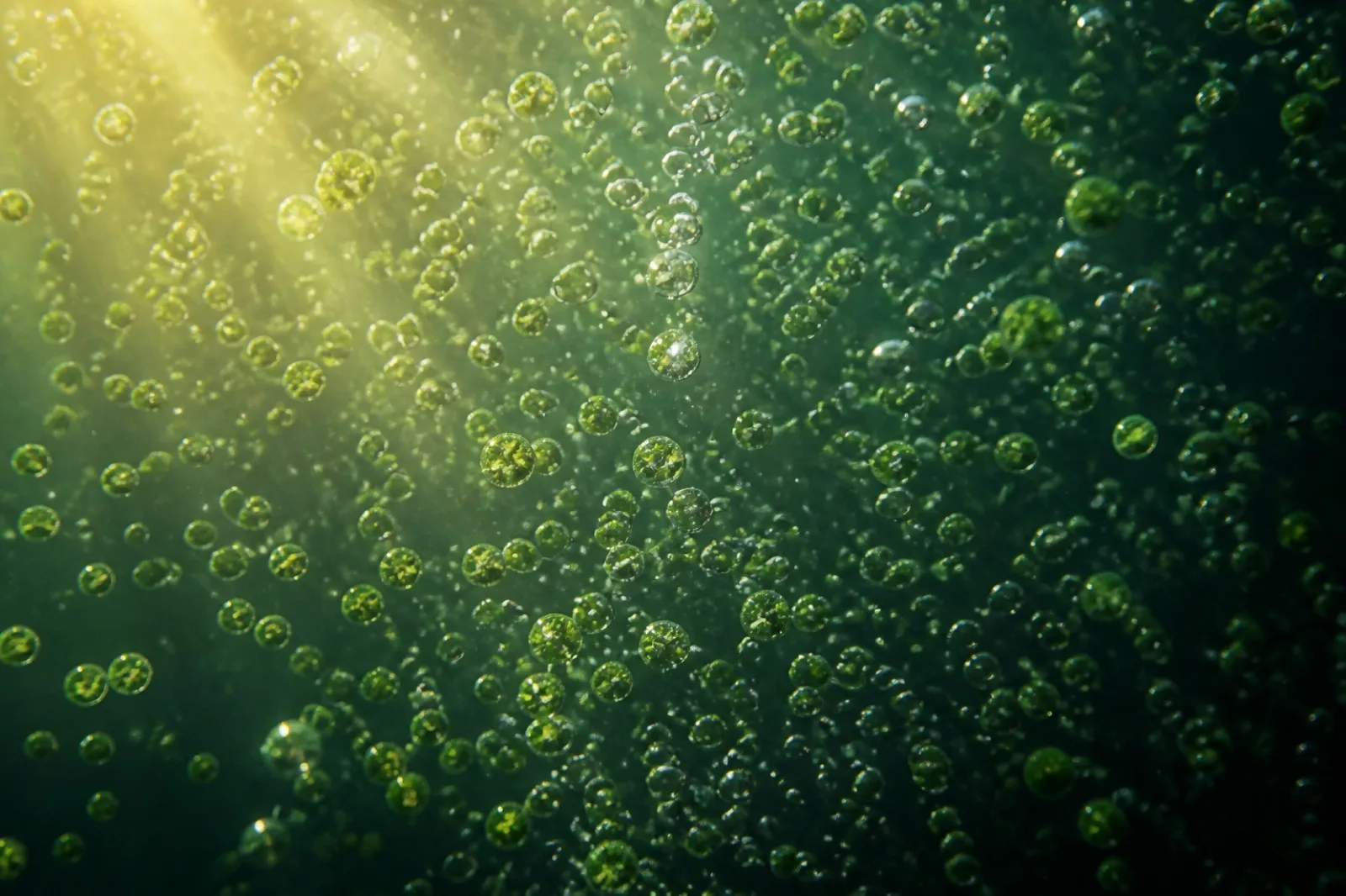 A dense cloud of green chlorella cells underwater with sunbeams and rising oxygen bubbles