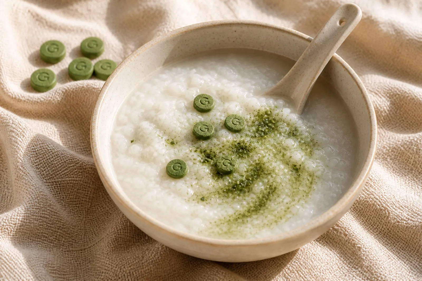 A bowl of plain rice porridge with crushed green tablets stirred into one side, a ceramic spoon resting on the rim