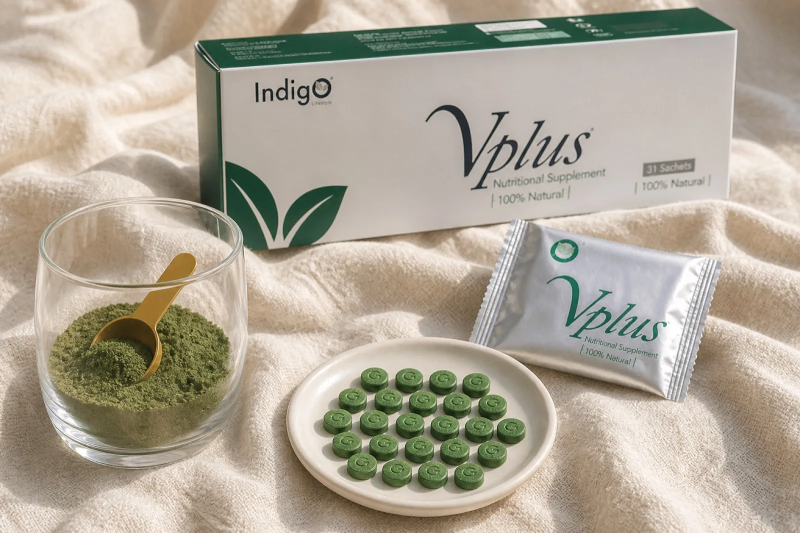 A Vplus Formula box, a silver sachet, a plate of green tablets and a glass of algae powder on cream linen