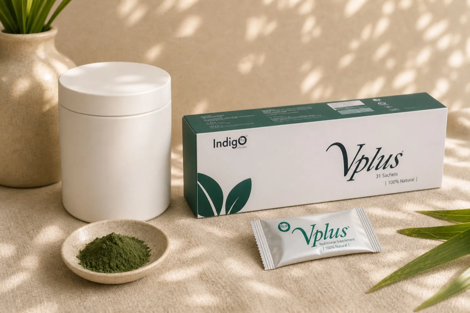 A generic green powder tub with a blank label stands beside a long slim white-and-green Vplus carton.