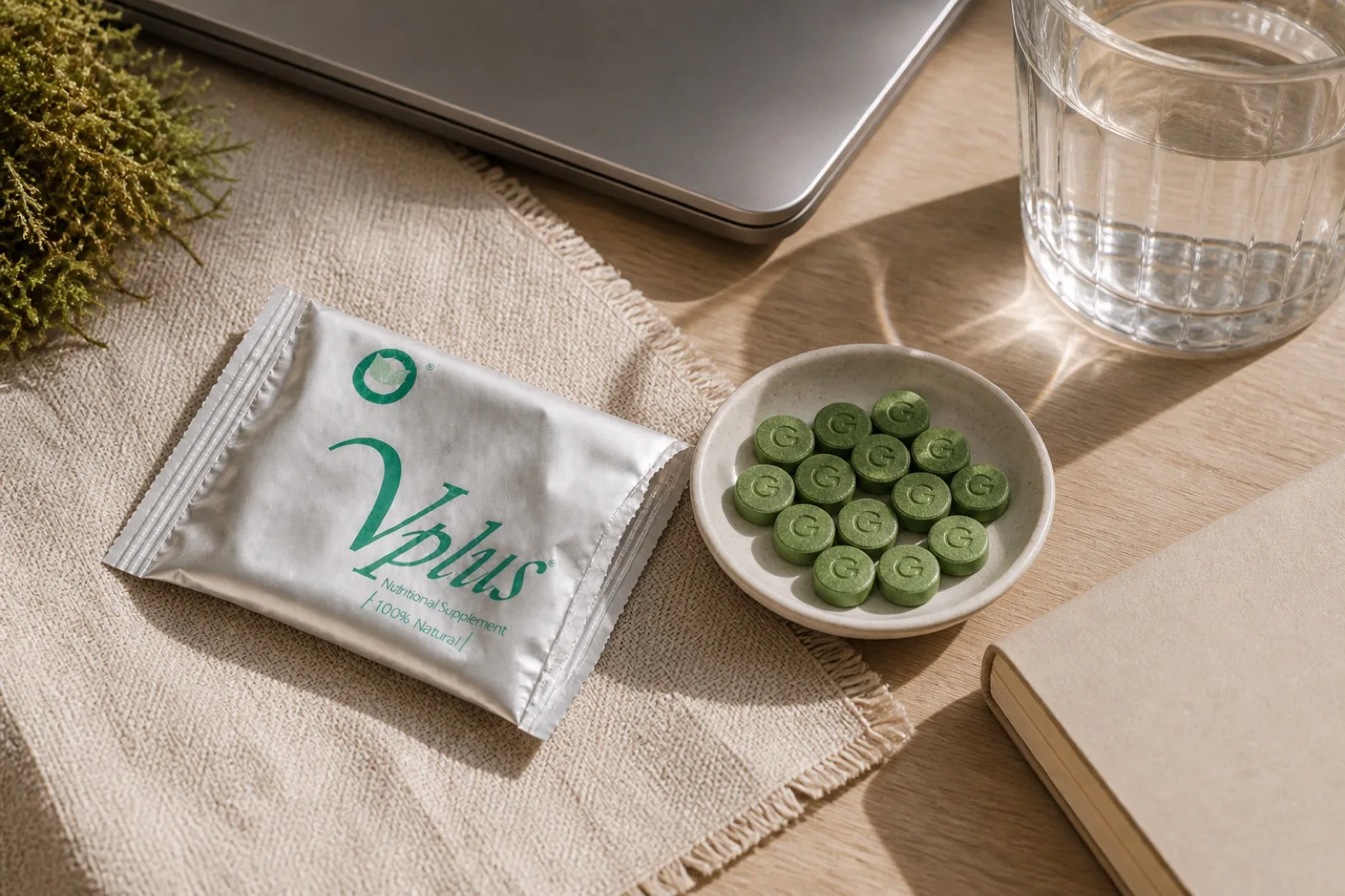 An office desk in window light with a closed laptop, a notebook, a glass of water and one Vplus sachet with green tablets on a small dish
