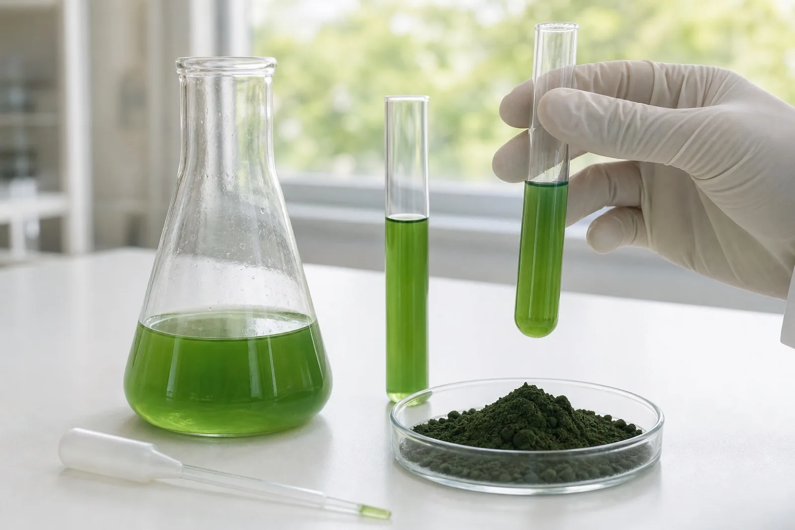 A gloved hand holding a test tube of green chlorella culture up to the light on a laboratory bench, beside a flask and a dish of dried powder