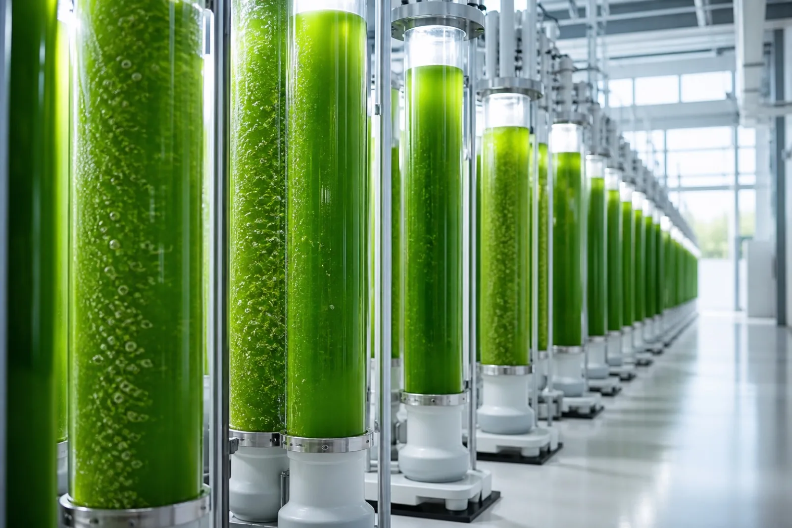 Rows of tall glass photobioreactor tubes filled with bright green chlorella culture in a clean facility