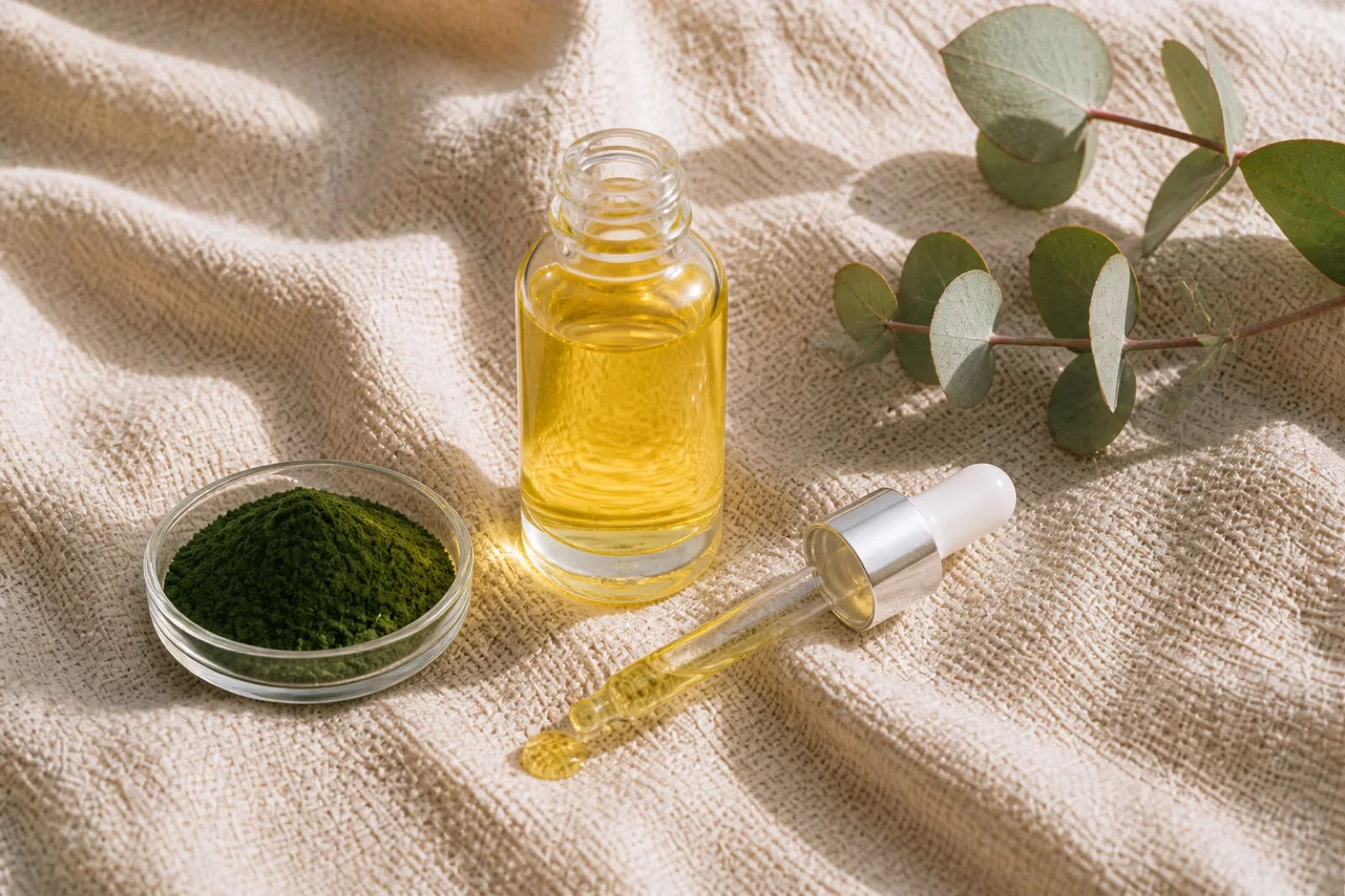 A small glass bottle of golden algal oil with a dropper, beside a dish of chlorella powder on linen
