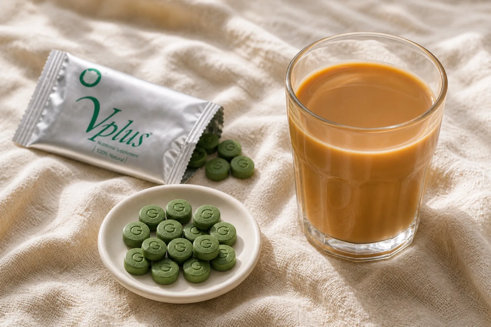 Small moss-green tablets rest on a saucer next to a cup of teh.