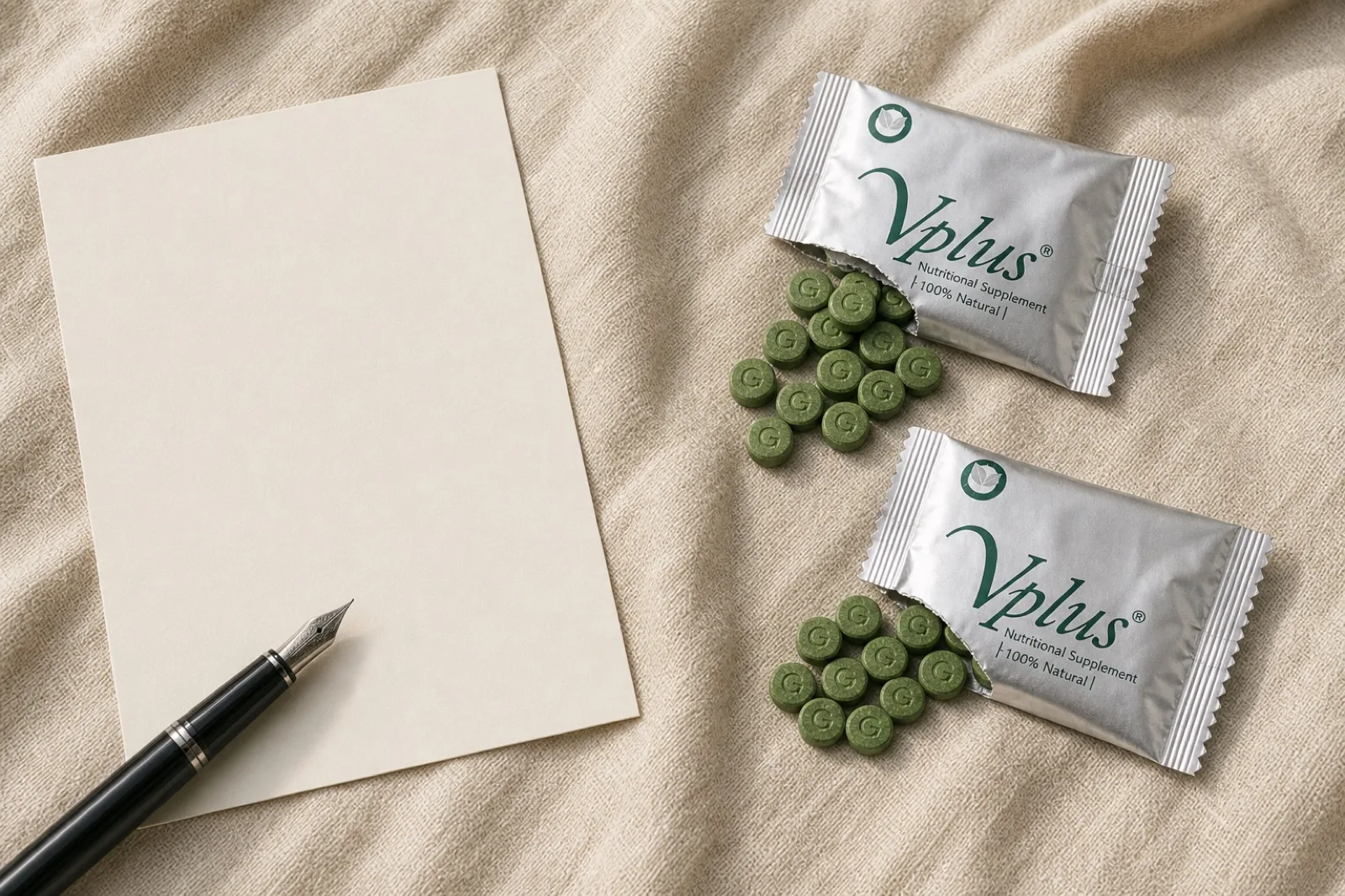 Two opened sachets lying flat on cream linen with their tablets tipped out into neat piles, a sheet of plain paper and a fountain pen beside them