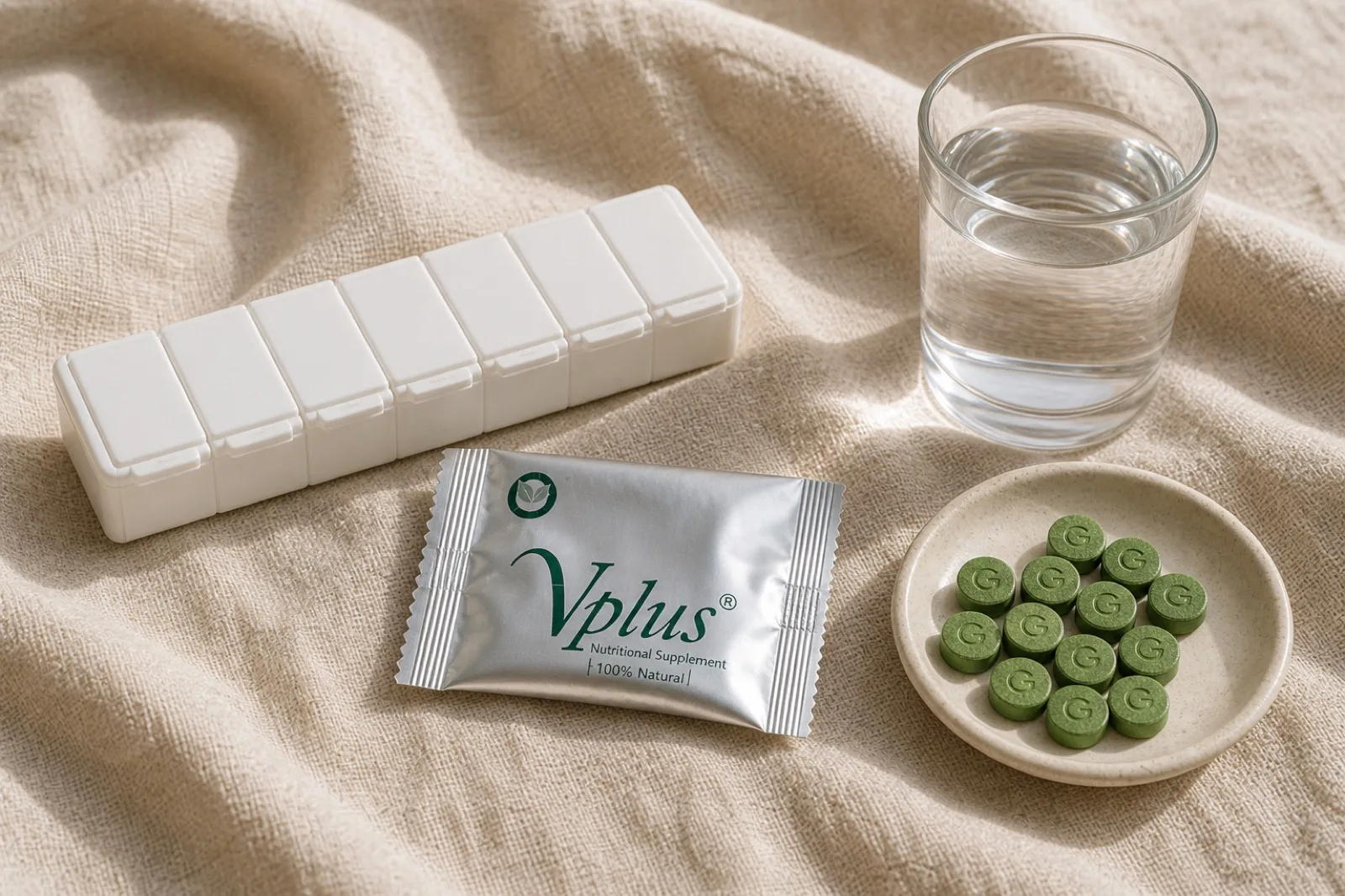 A plain white weekly pill organiser beside one Vplus sachet and a saucer of green tablets, with a glass of water behind
