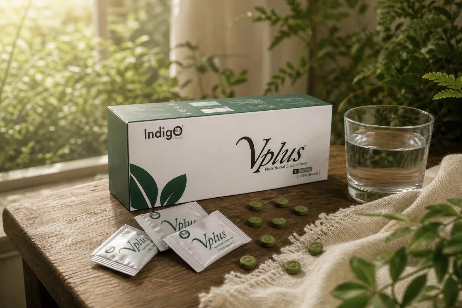 Vplus Formula box and sachets beside a glass of water