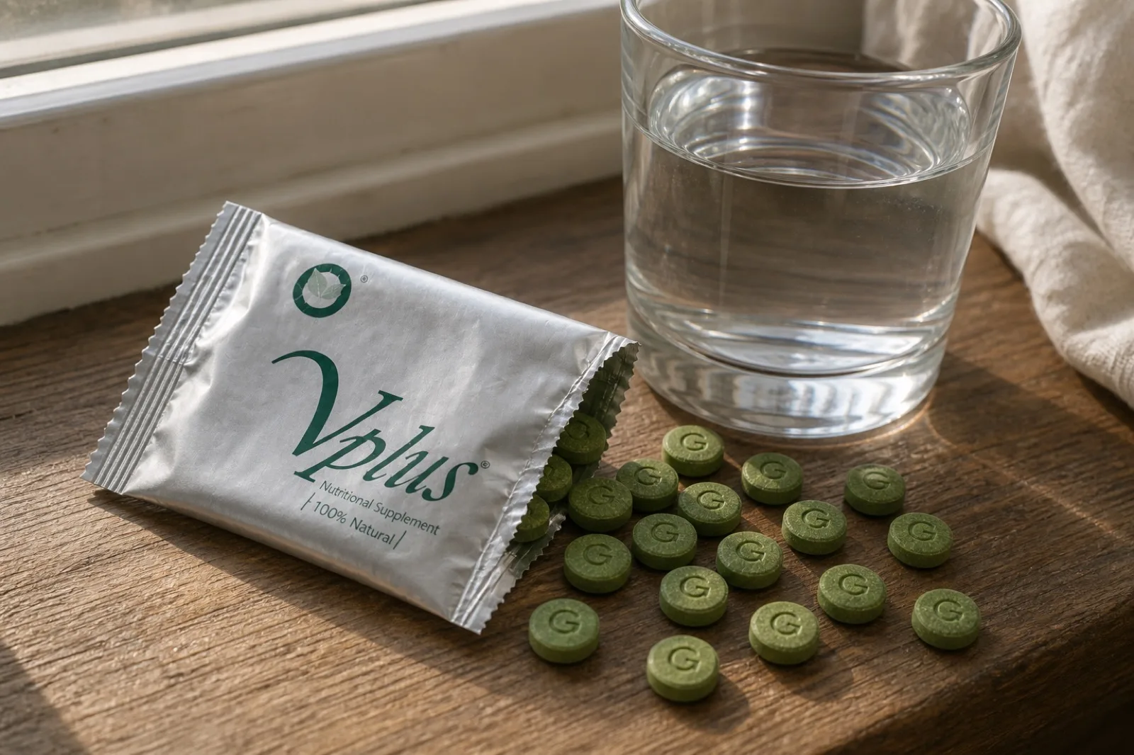 A glass of water and a Vplus sachet on a wooden windowsill in morning light