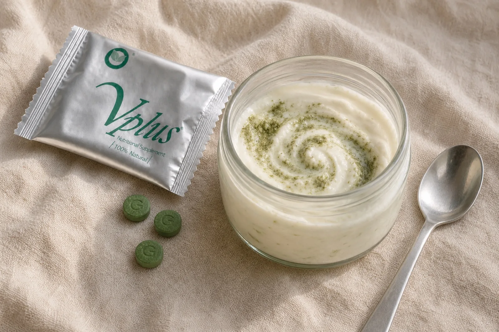 A small glass pot of plain yoghurt with a crushed green tablet folded in, leaving a pale green swirl, a teaspoon and a folded sachet beside it