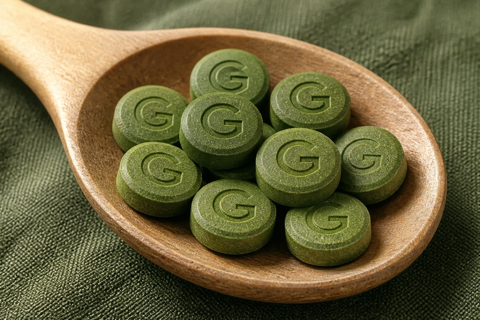 Extreme macro of a wooden spoon holding about ten pea-sized matte green tablets, each with a debossed G, on dark green linen