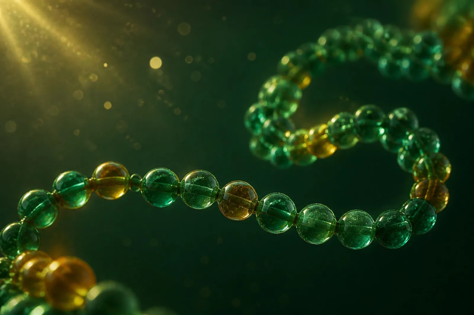 A chain of green and gold glass beads curving through the frame, like amino acids in a protein
