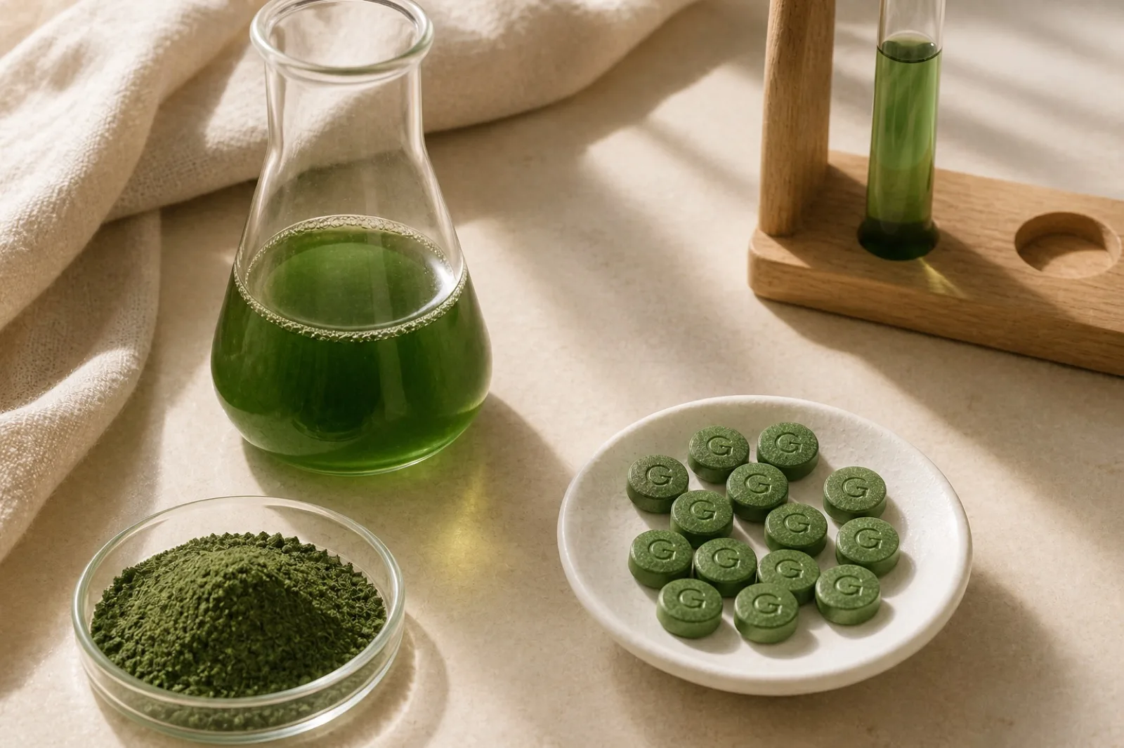 A clean laboratory bench with a glass flask of green chlorella culture, a petri dish of dried powder, a test tube in a wooden rack and a dish of green tablets