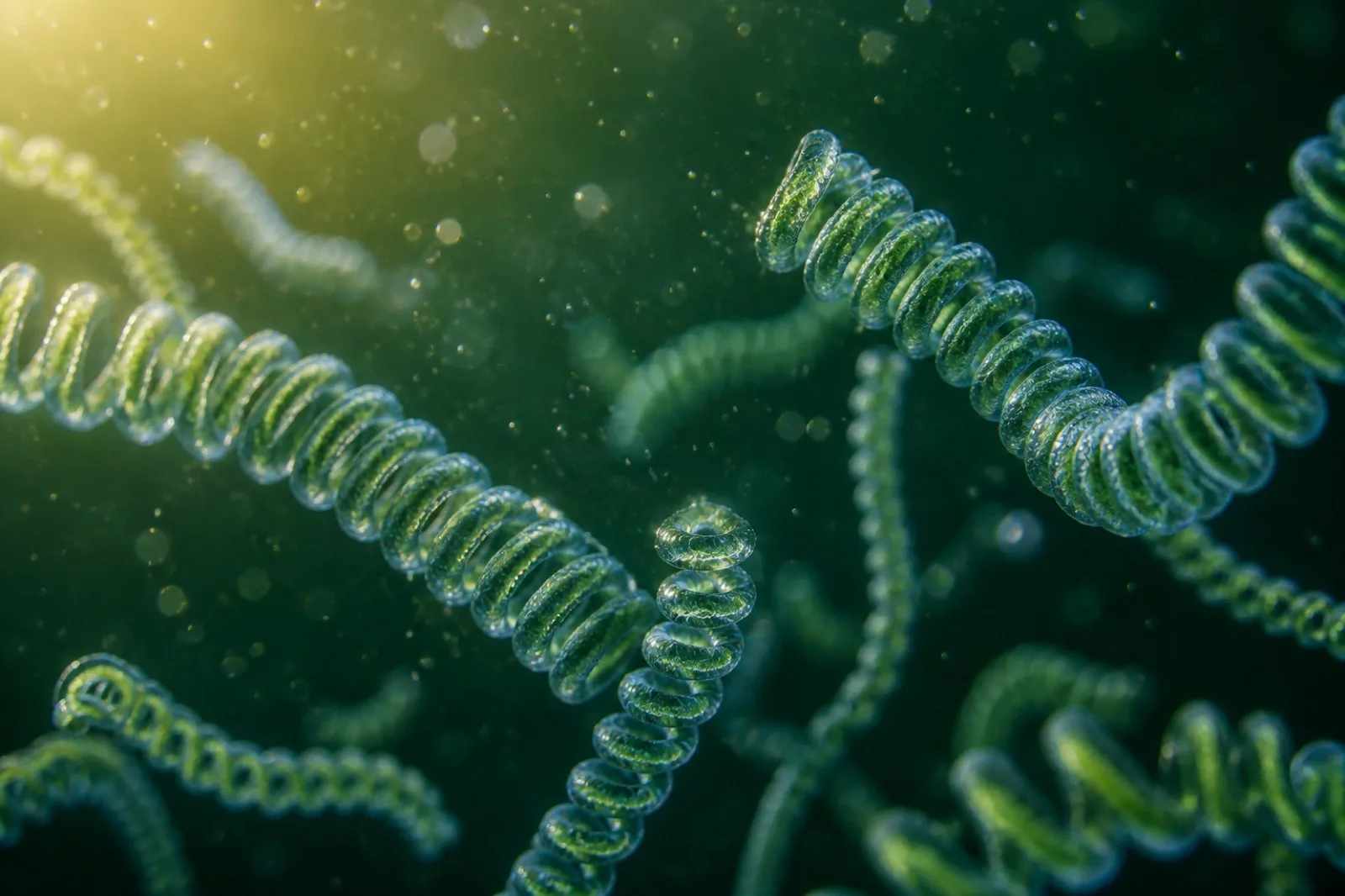 Illustrative close-up of spirulina's spiral filaments