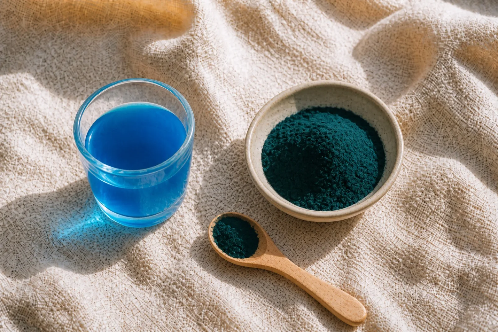 A glass of vivid blue phycocyanin extract beside a dish of dark spirulina powder on linen