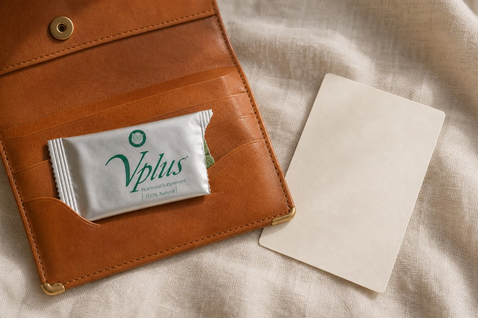 A sealed silver foil sachet is tucked inside a passport wallet on a tidy tabletop.
