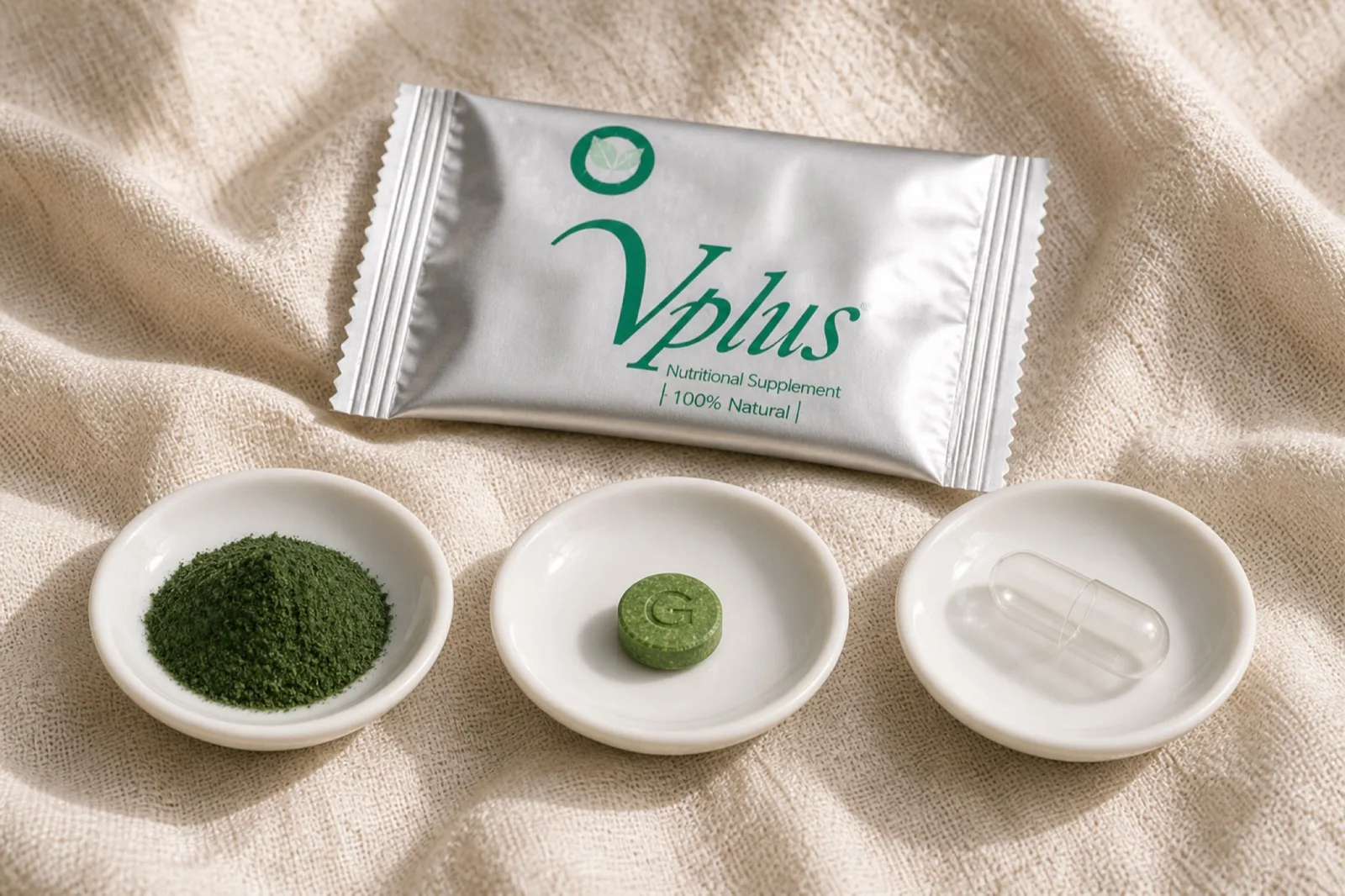 Green algae powder, a moss-green tablet and an empty capsule shell sit on three small saucers.