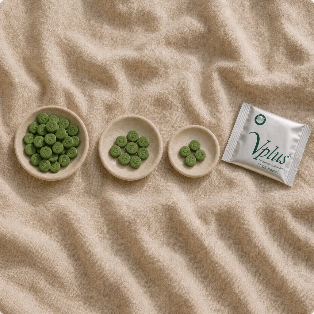 Three small ceramic dishes in a row holding twenty, ten and five green tablets, with a folded Vplus sachet beside them on cream linen