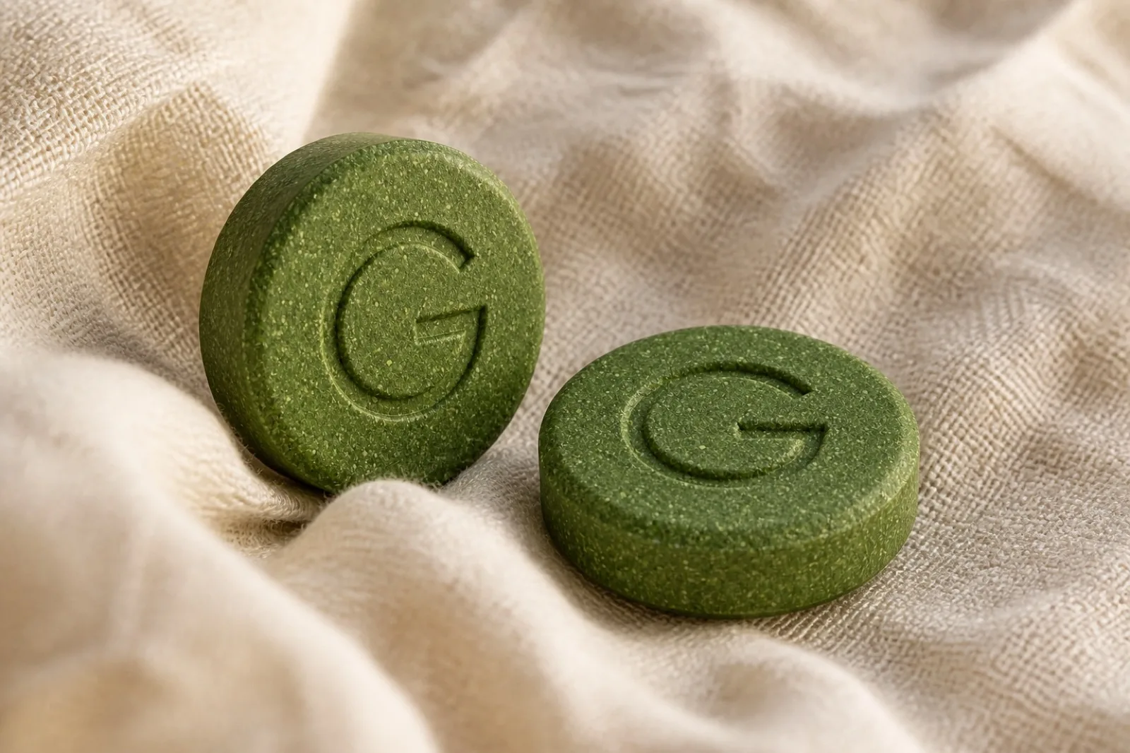 Two Vplus tablets, close up, on linen