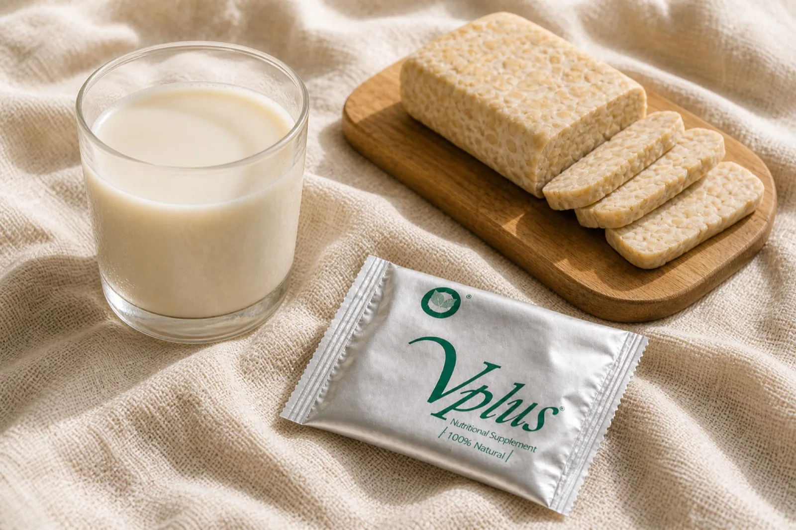 A carton of fortified soy milk, sliced tempeh and a sealed silver Vplus sachet are arranged on a kitchen counter.