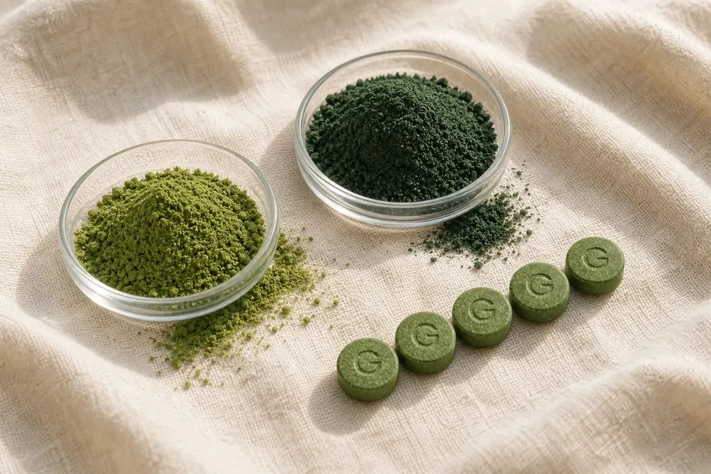 Two dishes of chlorella and spirulina powder beside a row of Vplus tablets