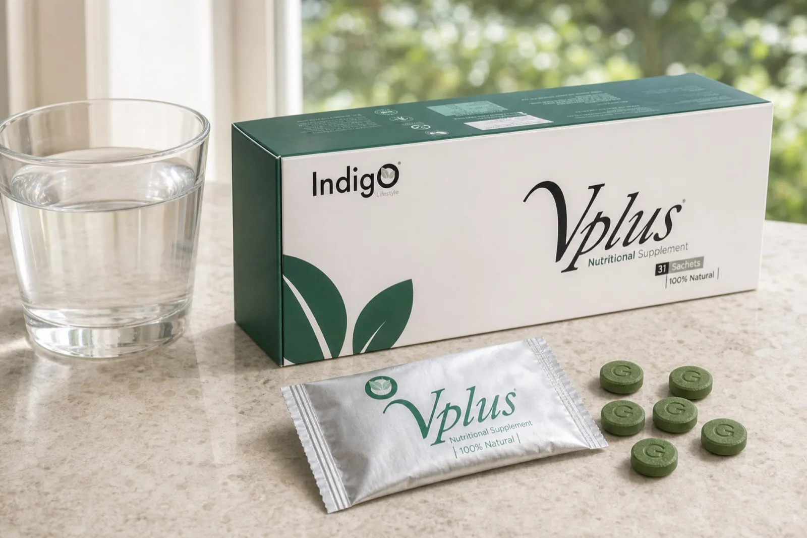 A Vplus box, sealed sachet, green tablets and a glass of water on a sunlit kitchen counter