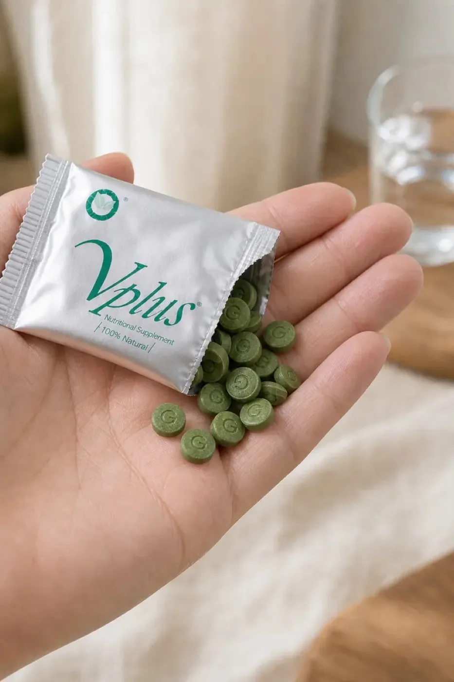 An opened Vplus sachet in an adult hand showing the small tablets
