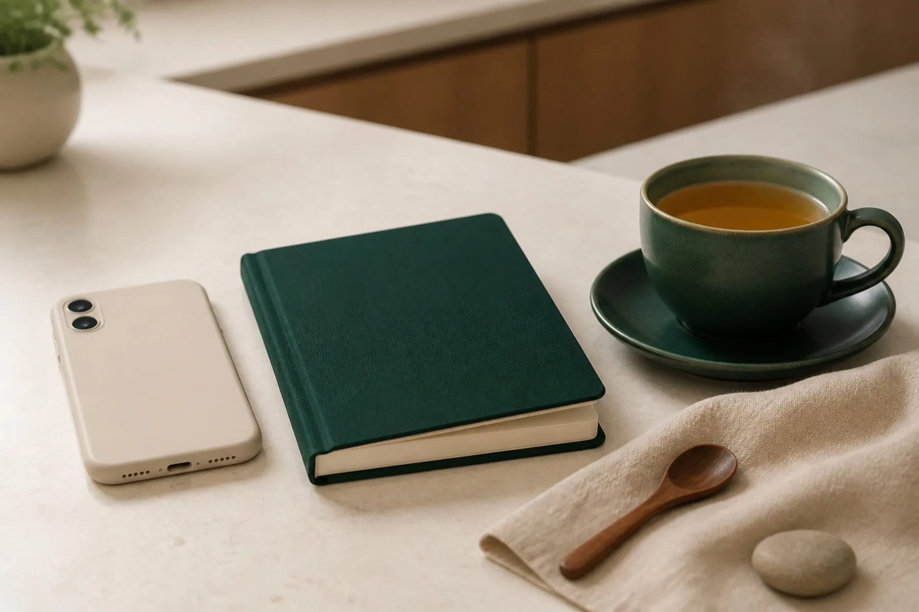 A phone with a plain account screen rests on a kitchen counter beside a Vplus carton, with no legible screen text.