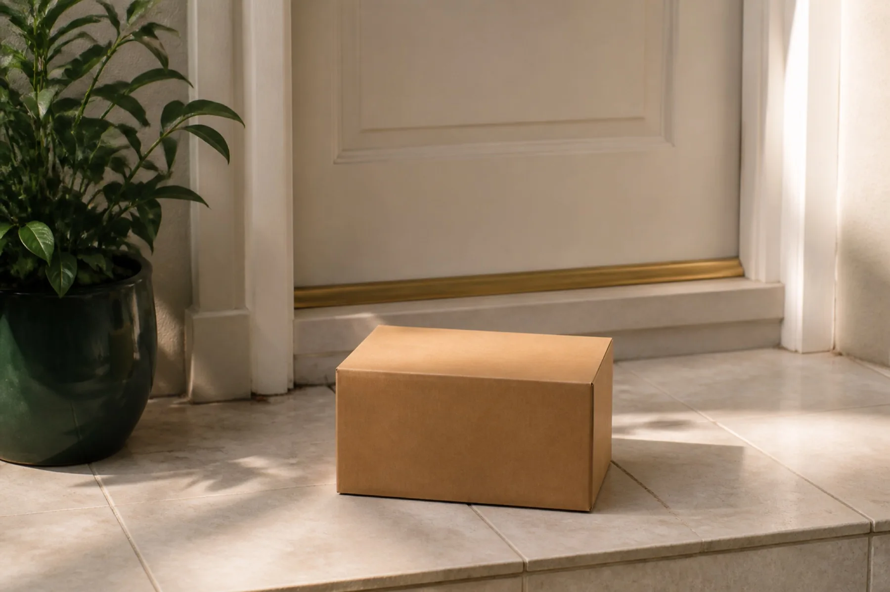 A long slim white-and-green Vplus carton rests inside a plain shipping box on a cream doorstep.