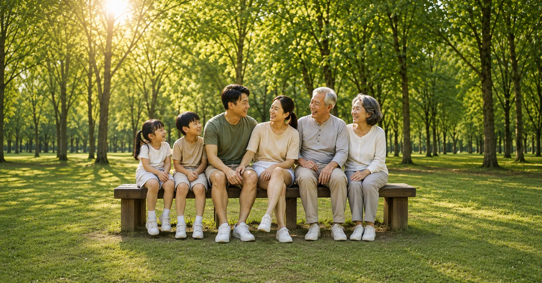 Two children, two parents and two grandparents sitting together on a wooden bench in a sunlit, tree-lined park