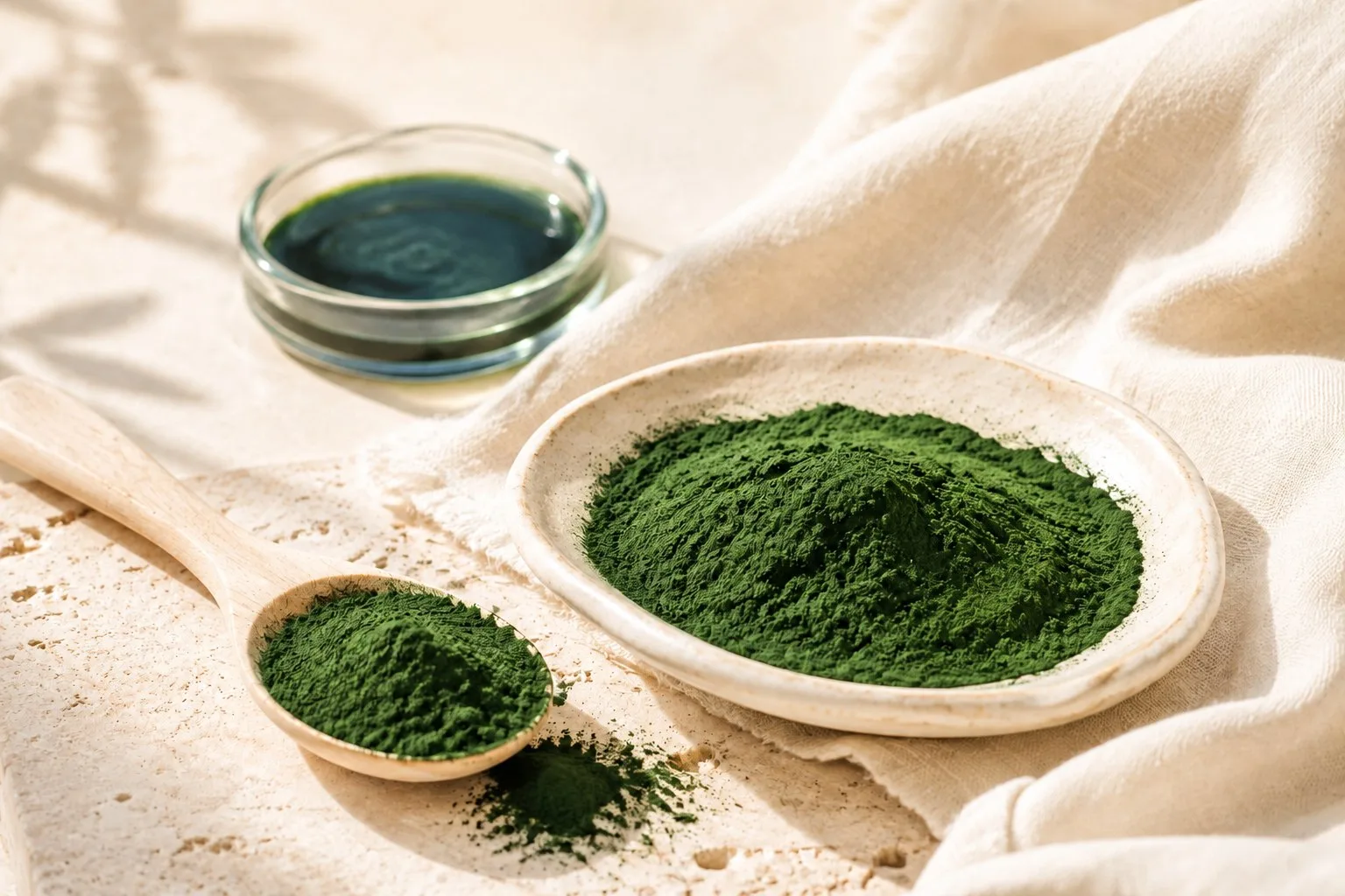 Green algae powder on a wooden spoon beside ceramic and glass dishes.
