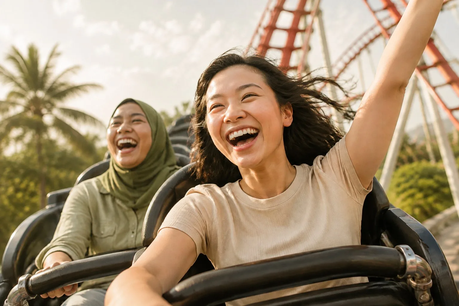 Two Singaporean women laughing on a roller-coaster ride in warm afternoon light.