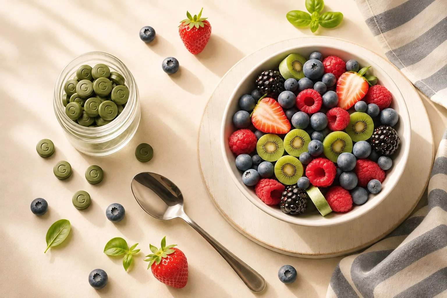 An overhead photograph of a bowl of mixed berries and kiwi beside a glass jar of green tablets on a pale tabletop.